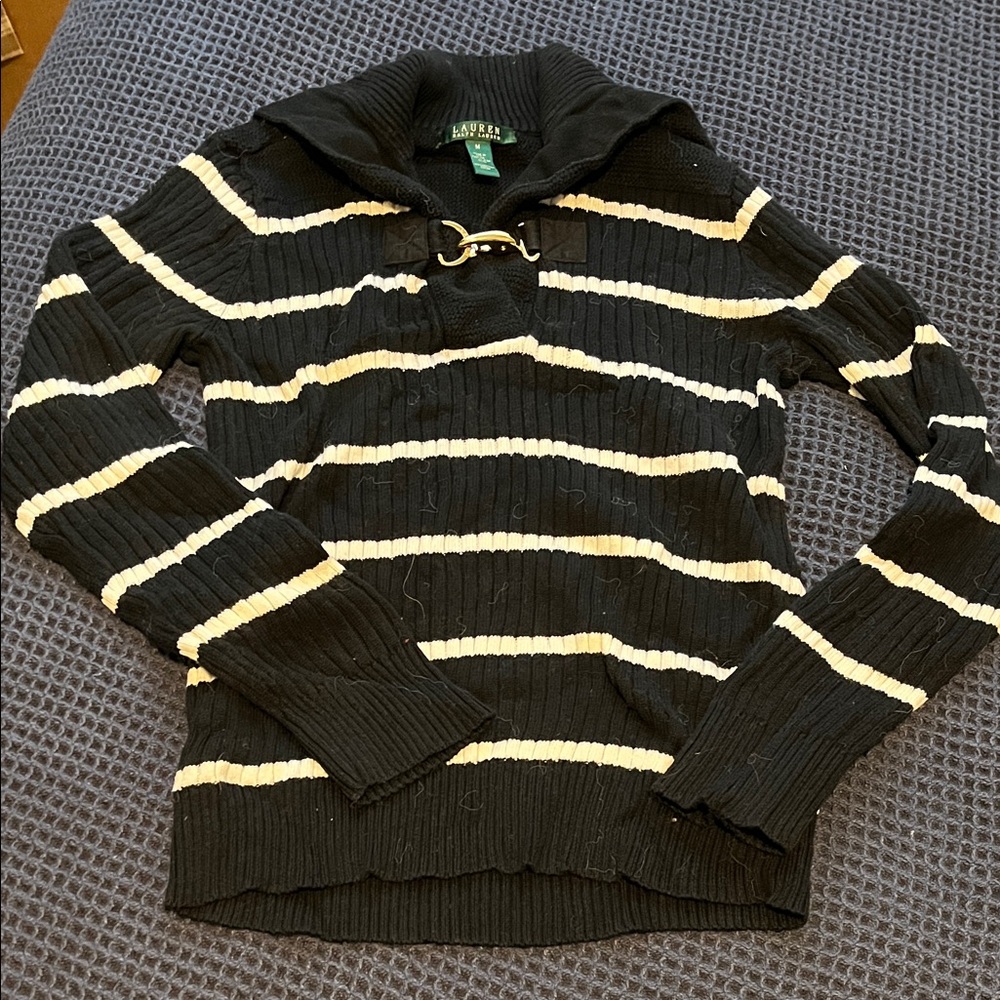 Lauren Ralph Lauren Black and White Striped Toggle Front Sweater